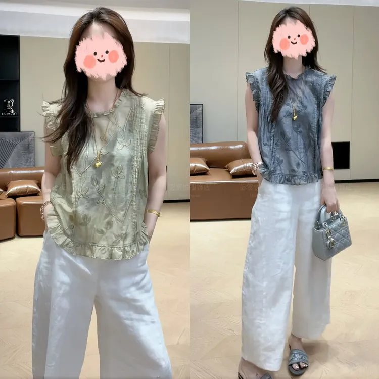 2025夏季时尚复古刺绣木耳边无袖上衣显瘦百搭休闲阔腿裤气质套装