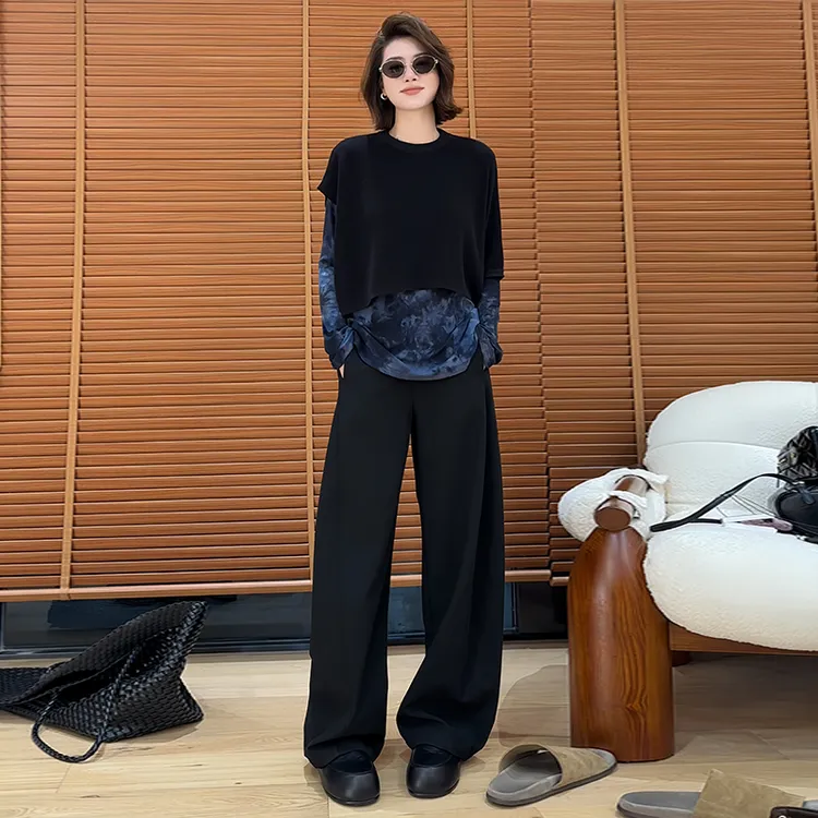 高级感水墨晕染长袖t恤女2025年春秋新款遮肚显瘦内搭打底衫上衣
