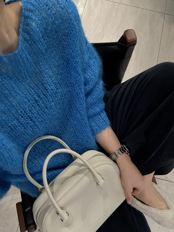 【冰岛蓝】高比例马海毛粗棒针镂空圆领毛衣 J25MY698