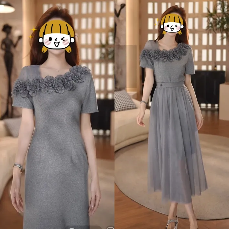 2025年夏季新款时尚法式显瘦设计感纱网拼接短袖中长款连衣裙子女