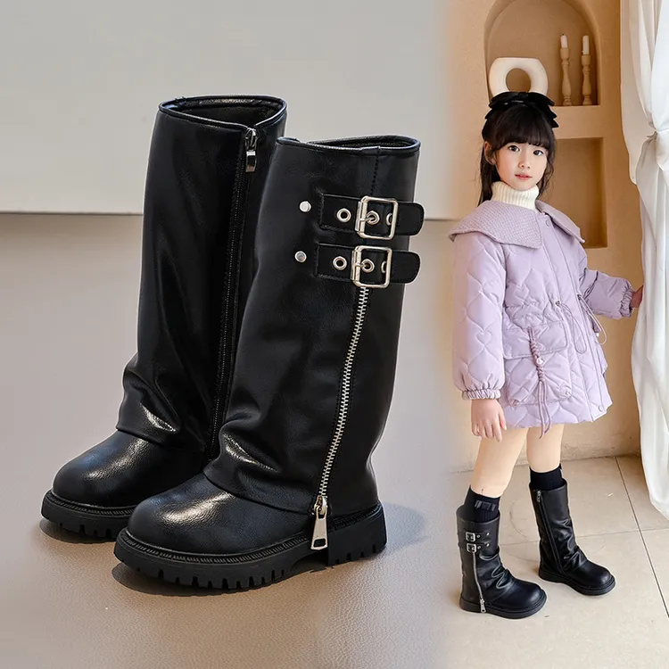网红新款儿童堆堆靴美拉德风帅气褶皱裤管长靴秋冬高筒骑士马丁靴
