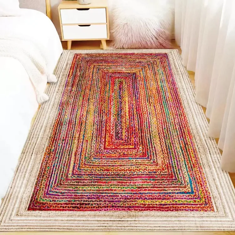 彩色仿麻升级高密度清仓水晶绒材质防滑硅胶底地毯卧室床边毯