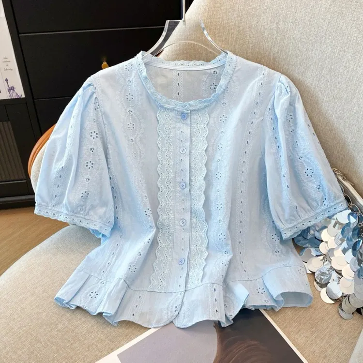 《清仓捡漏》纯棉泡泡袖夏季圆领短袖镂空小众韩版设计感短款衬衣