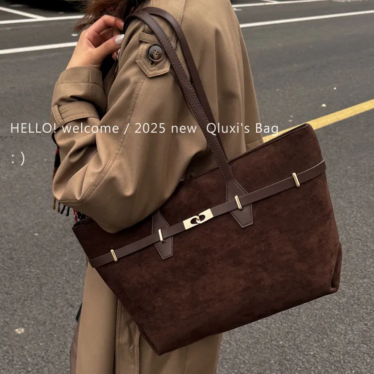 【QIANLUXI/千璐禧】 韩系美拉德大容量麂皮绒托特包旅行百搭腋下包