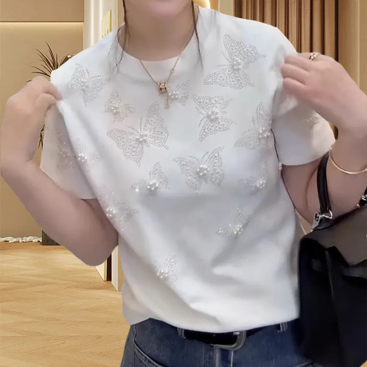 时髦蝴蝶烫钻纯棉短袖t恤时尚休闲洋气女装宽松显瘦女士短袖t恤