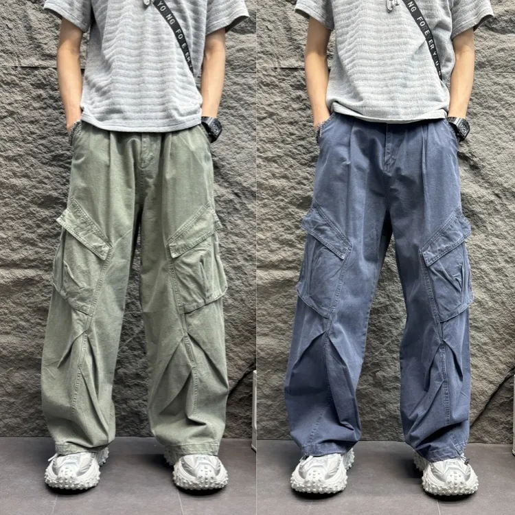 秋季高街宽松裤子显瘦阔腿拖地长裤复古美式2025大口袋工装牛仔裤