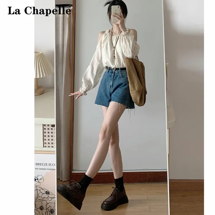 拉夏贝尔设计感美式高腰开叉牛仔短裤女夏季2025新款a字毛边热裤