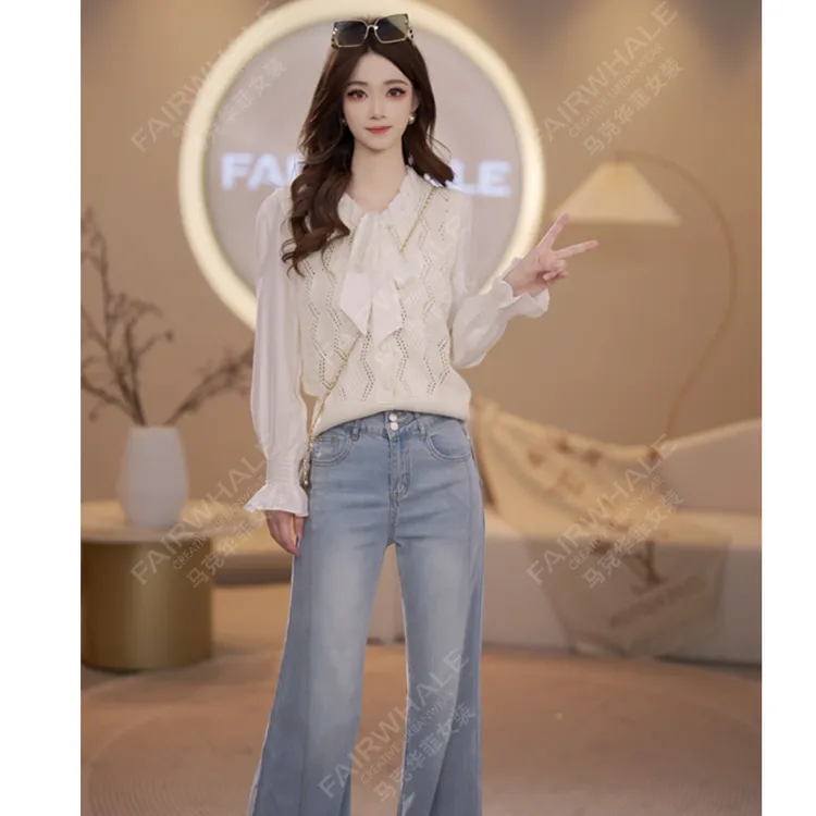 马克华菲女装2025秋季蕾丝拼接重工圆领长袖气质上衣休闲衬衫 qq