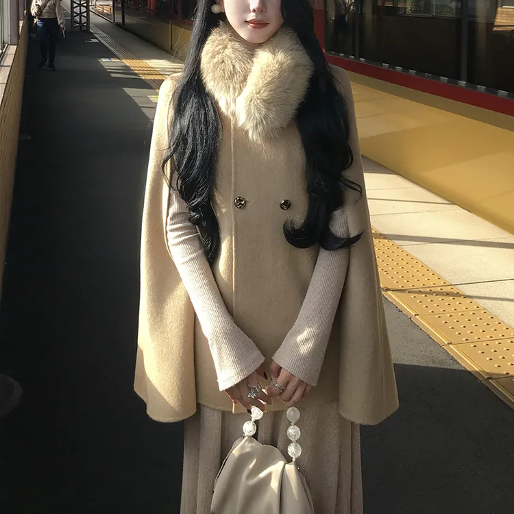 【财阀千金】羊毛双面呢斗篷毛呢外套女秋冬毛领呢子大衣 A26274