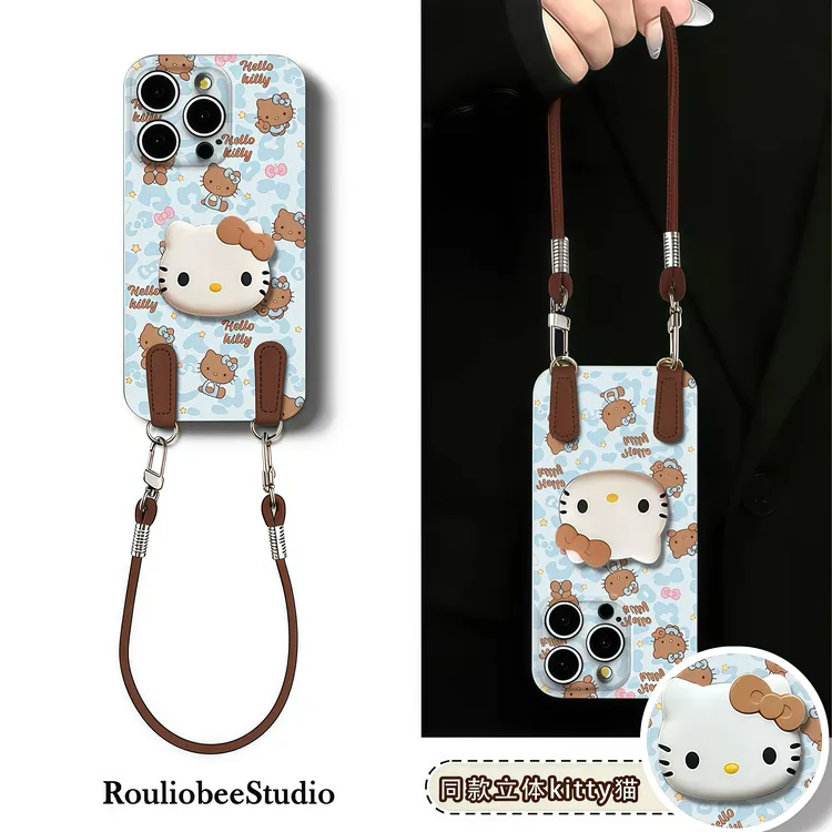 蓝豹纹KT支架挂绳适用苹果16手机壳iPhone15小米14vivoppo华为p70