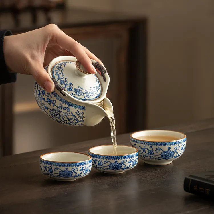 汝窑手抓壶盖碗茶杯一壶三杯防烫家用功夫茶具泡茶茶碗旅行茶壶