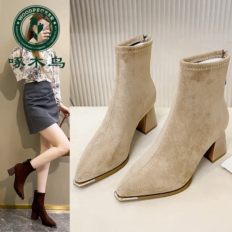 啄木鸟韩系小踝靴粗跟短靴女2025秋冬新款尖头高跟短靴瘦瘦靴子女