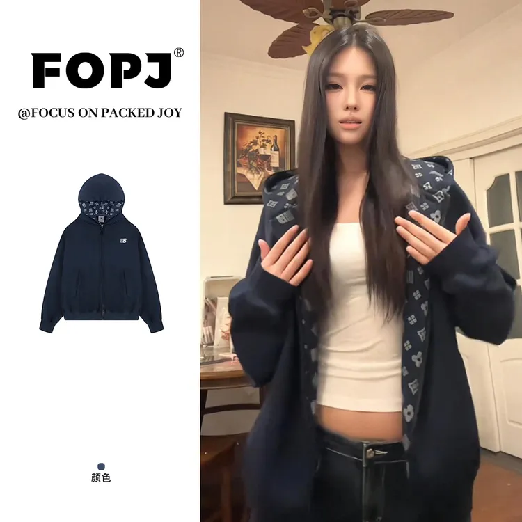 FOPJ刺绣款美式复古开衫连帽卫衣外套女春秋新款宽松百搭拉链上衣