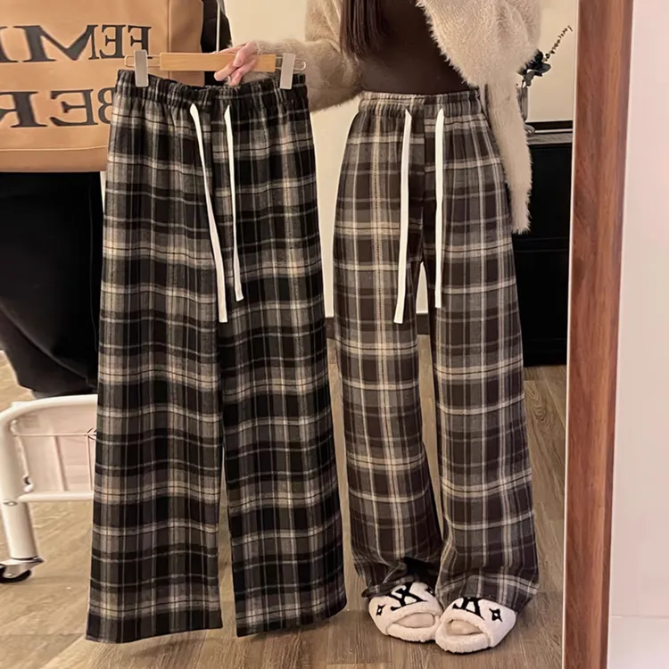 韩系复古格子裤145小个子冬季高腰阔腿裤女150加绒保暖毛呢直筒裤
