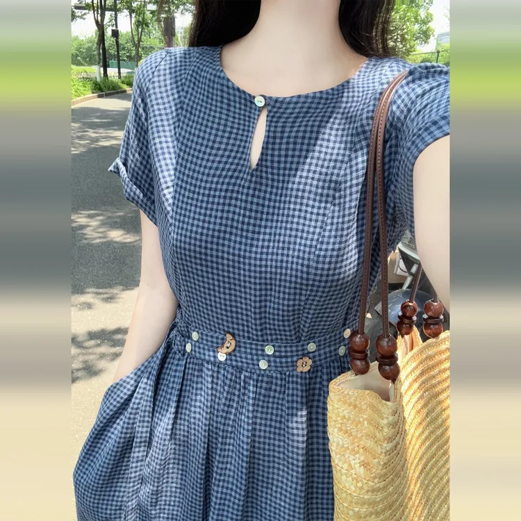 2025法式复古蓝色格子连衣裙子女夏季高级感别致绝美收腰长裙3985