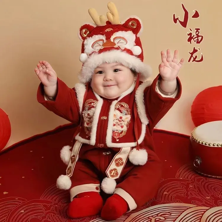 婴儿冬季加厚连体衣服冬装加绒红色喜庆拜年服新年婴幼儿周岁礼服