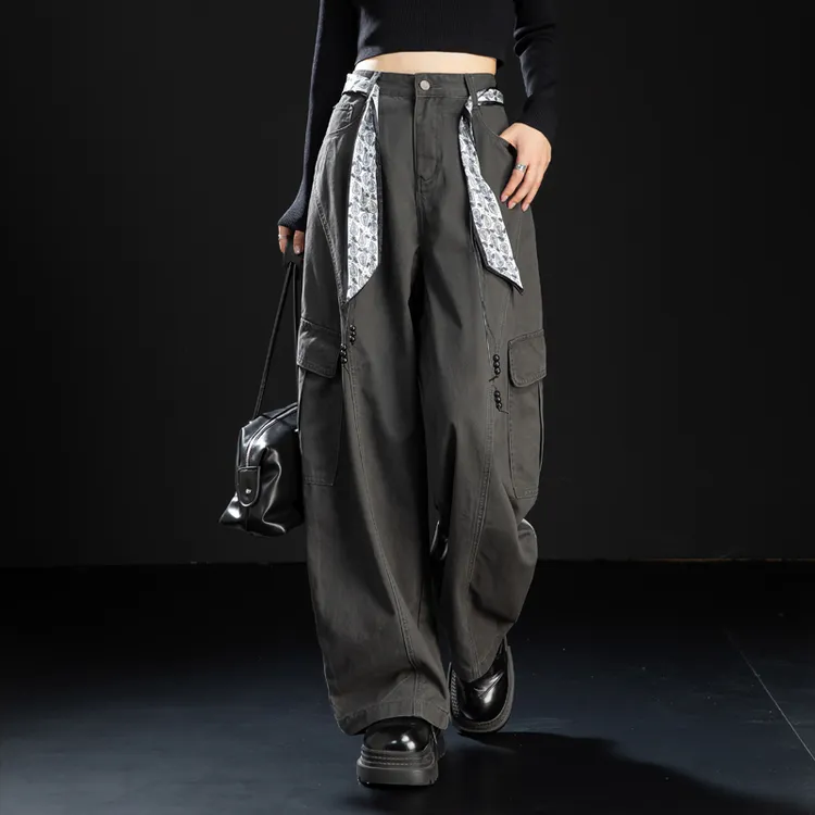 美式复古灰色工装弯刀牛仔裤秋冬新款高腰宽松显瘦时尚百搭阔腿裤