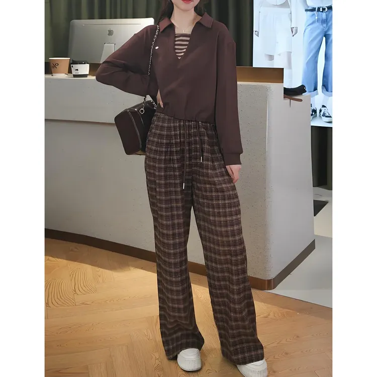 韩系慵懒风时尚套装女2025秋季新款翻领假两件上衣搭休闲裤两件套