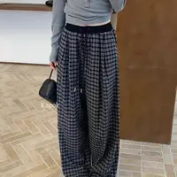 1808 秋季新款抽绳拼接格子直筒阔腿百搭垂感休闲女裤