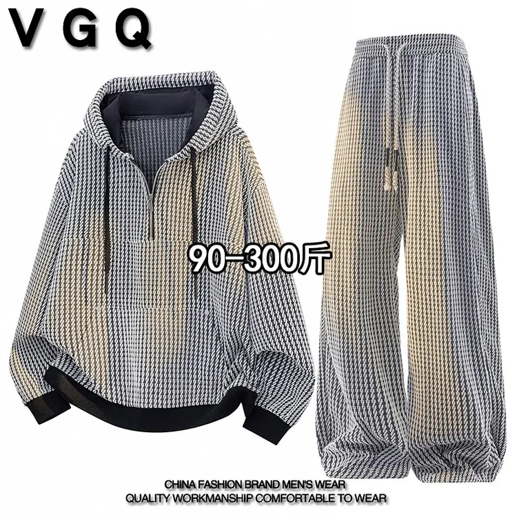 VGQ男士休闲运动套装秋季大码宽松潮流百搭半拉链连帽卫衣直筒裤