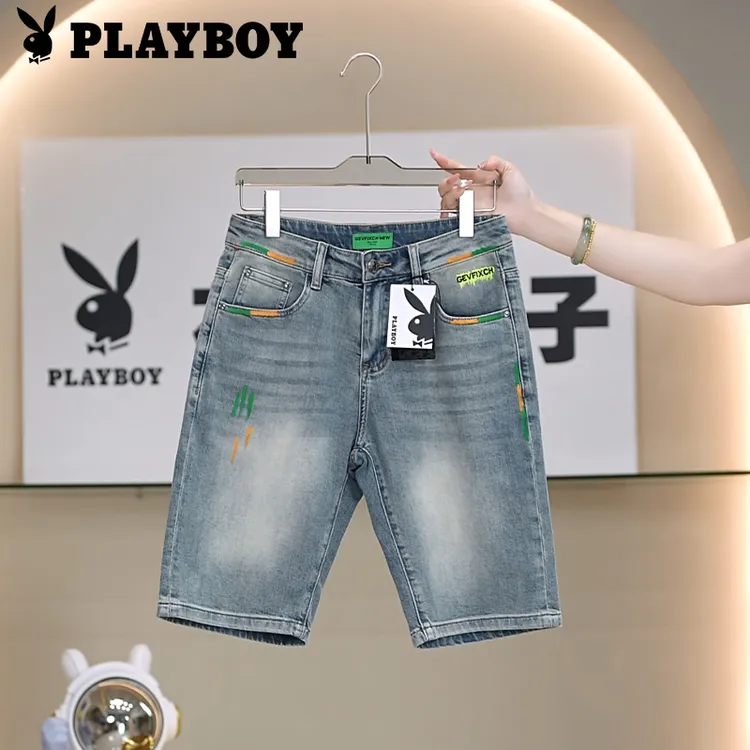 PLAYBOY/花花公子夏季薄款男士修身手绘小直筒弹力百搭牛仔短裤