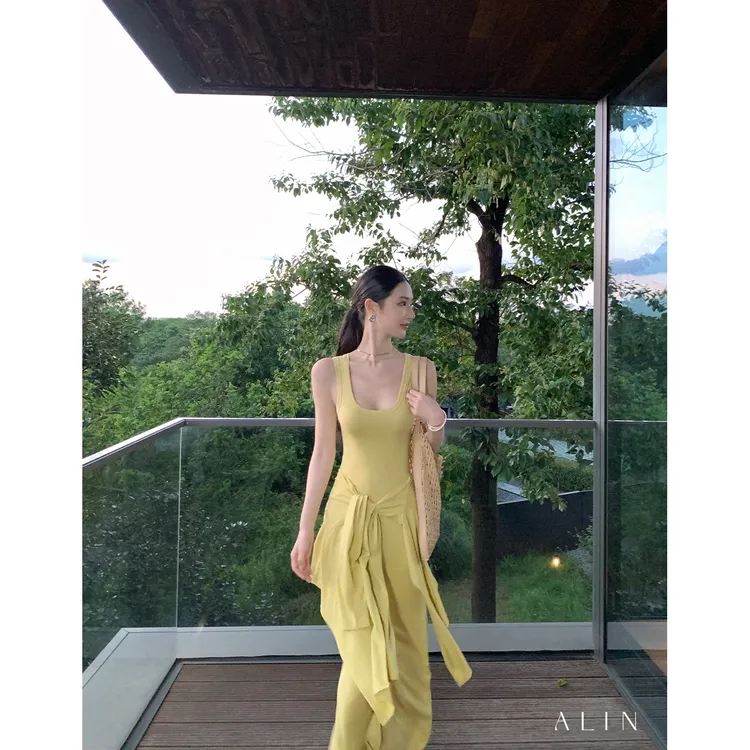 阿琳ALIN【双生叙】莱赛尔天丝吊带连衣裙长袖开衫针织套装AL5FBL13