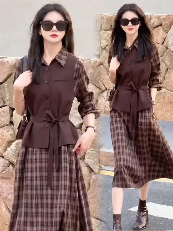 时尚连衣裙女2025秋季新款洋气质显瘦马甲格子衬衫裙子减龄两件套
