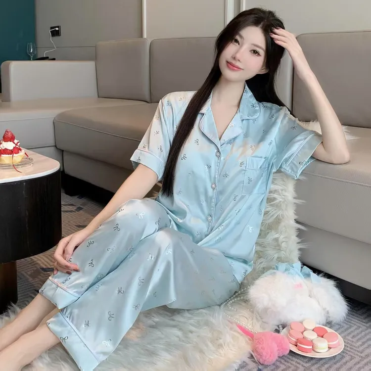 2025新女士夏冰凉高端冰雪丝三件套装家居服睡衣带胸垫网红可外穿