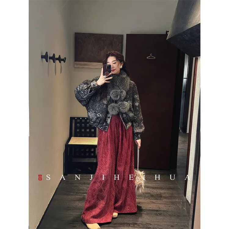 三吉黑花【鼓生花】新中式植物双染阔腿裤裤子女2025新款冬休闲裤