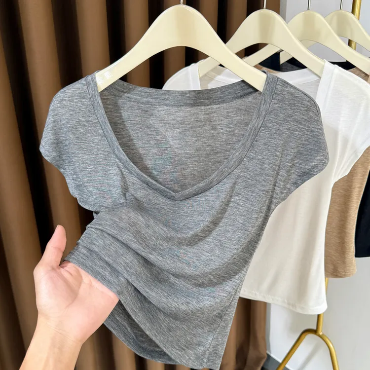 短款超薄V领T恤针织插肩女上衣2025新款大领口打底衫冰丝面膜t恤