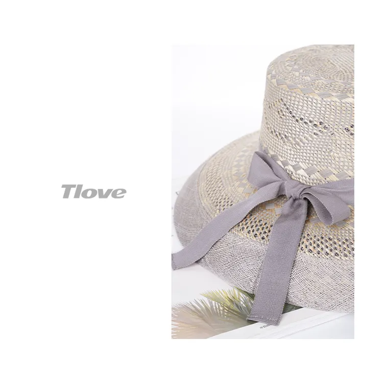 6951夏季女士草帽蕾丝花朵装饰防晒遮阳渔夫帽可折叠沙滩帽