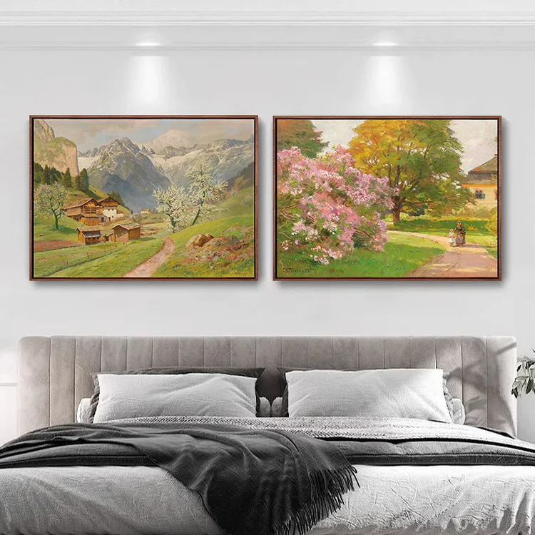 《春日山谷》《春日花路》版画 客厅餐厅玄关装饰画实木框挂画背景墙