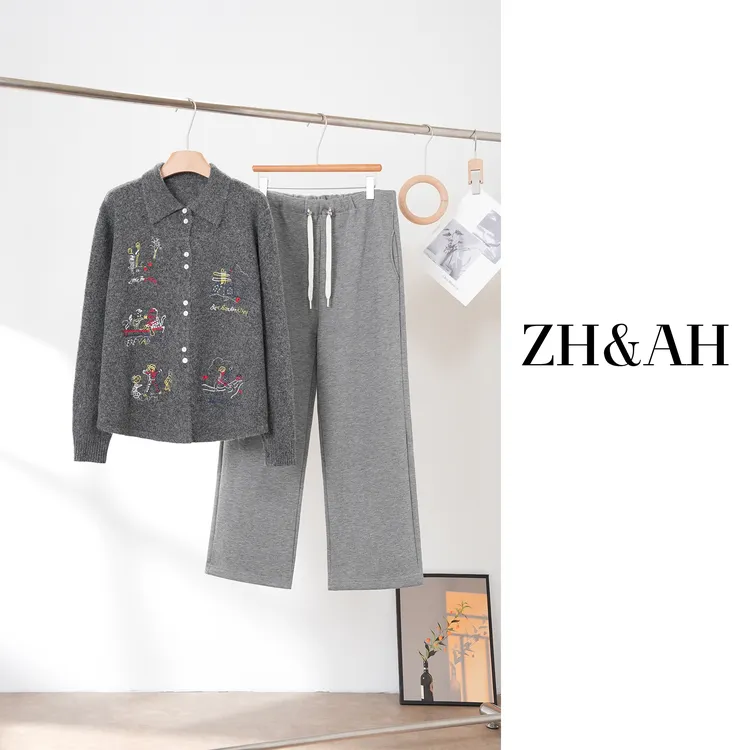 ZH&AH【趣味涂鸦】冬季新款时尚气质百搭设计感孕期刺绣厚款套装裤