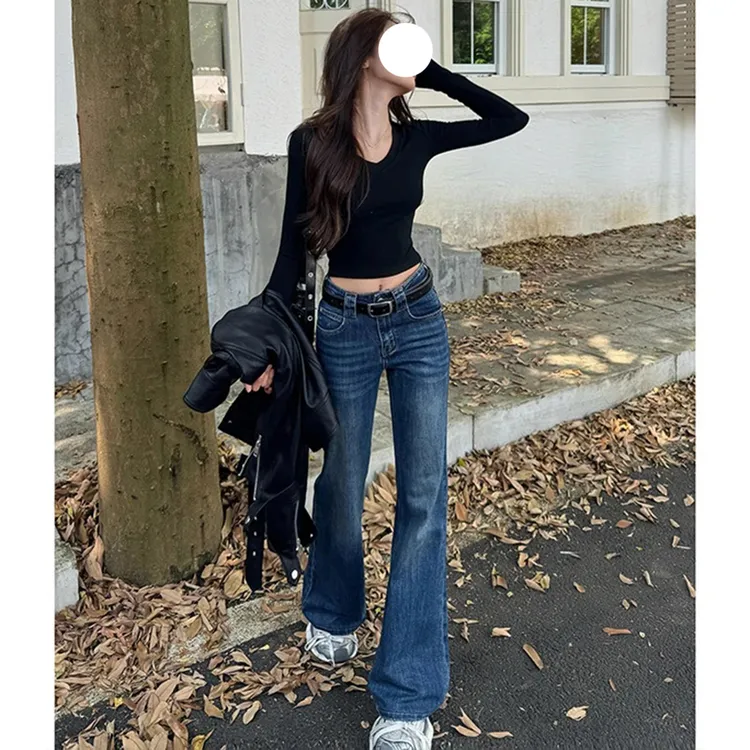 美式复古微喇牛仔裤女秋季辣妹中低腰修身显瘦不贴腿直筒喇叭裤子