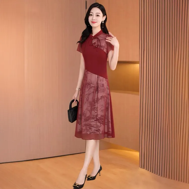 喜婆婆婚宴旗袍式雪纺裙子女春夏新款收腰显瘦气质国风连衣裙红色