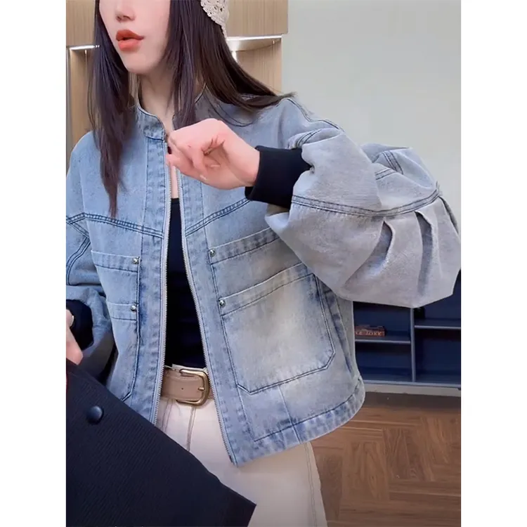 美式工装立领牛仔短外套女春秋2026新款多口袋宽松设计感百搭夹克