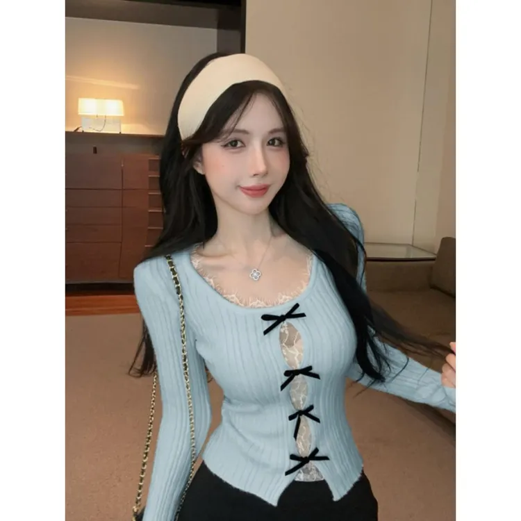 蓝色假两件套底衬衫的妇女在秋季毛皮内毛衣纯色蕾丝明亮的颜色Mi