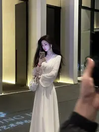 【雅乔定制】清冷神女 白月光珍珠雪纺长袖连衣裙长裙DYCC-25088359