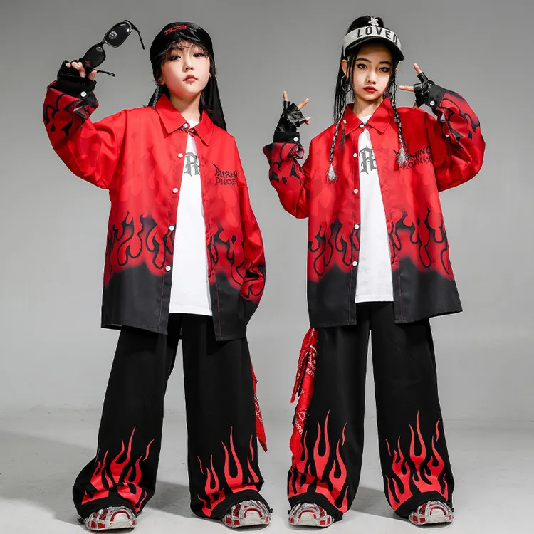 新款儿童街舞潮服男童黑红火苗套装演出服女童hiphop酷帅表演服