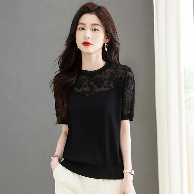 冰丝蕾丝短袖t恤女夏装2025新款女装薄款半袖上衣镂空显瘦针织衫
