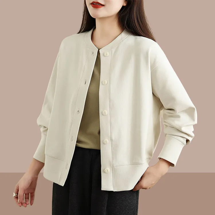 2025秋季时尚新款复古简约时髦百搭宽松长袖卫衣纯色纽扣外套女