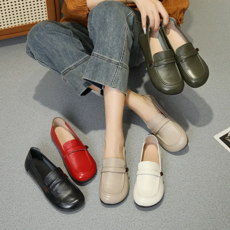 头层牛皮秋季新款一脚蹬圆头真皮休闲百搭豆豆鞋软底软面小皮鞋女