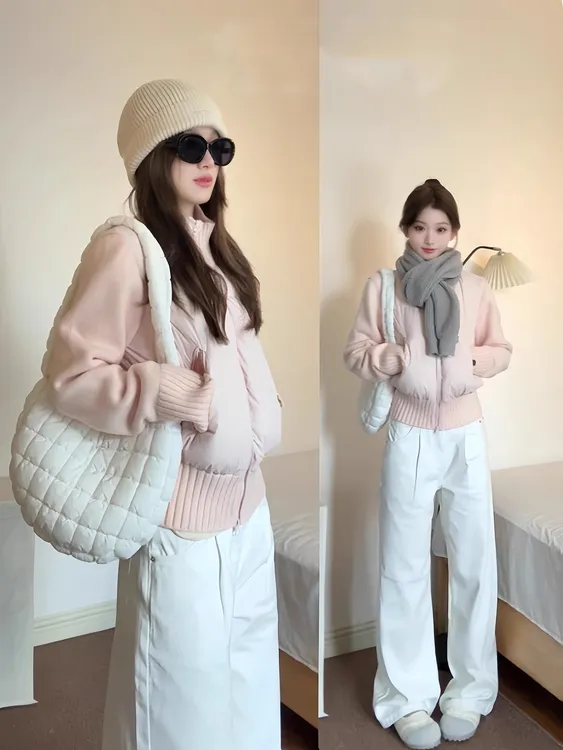 2025年新款保暖拼接短款棉衣外套针织袖韩系棉服小众百搭冬季棉服