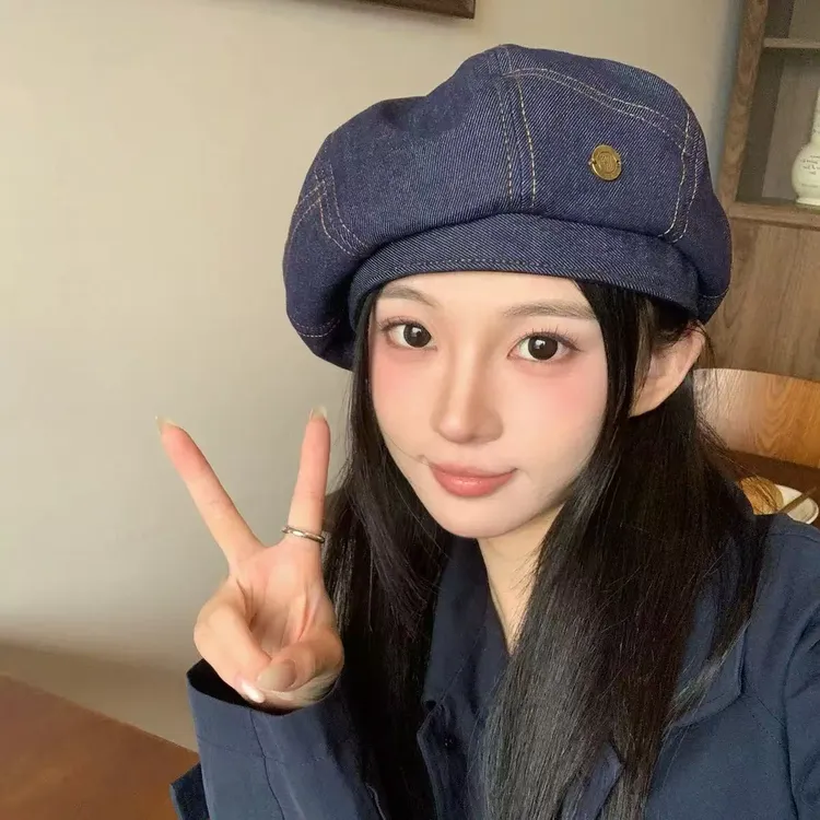 2025早秋新款无檐牛仔贝雷帽女百搭八角帽休闲时尚显脸小画家帽