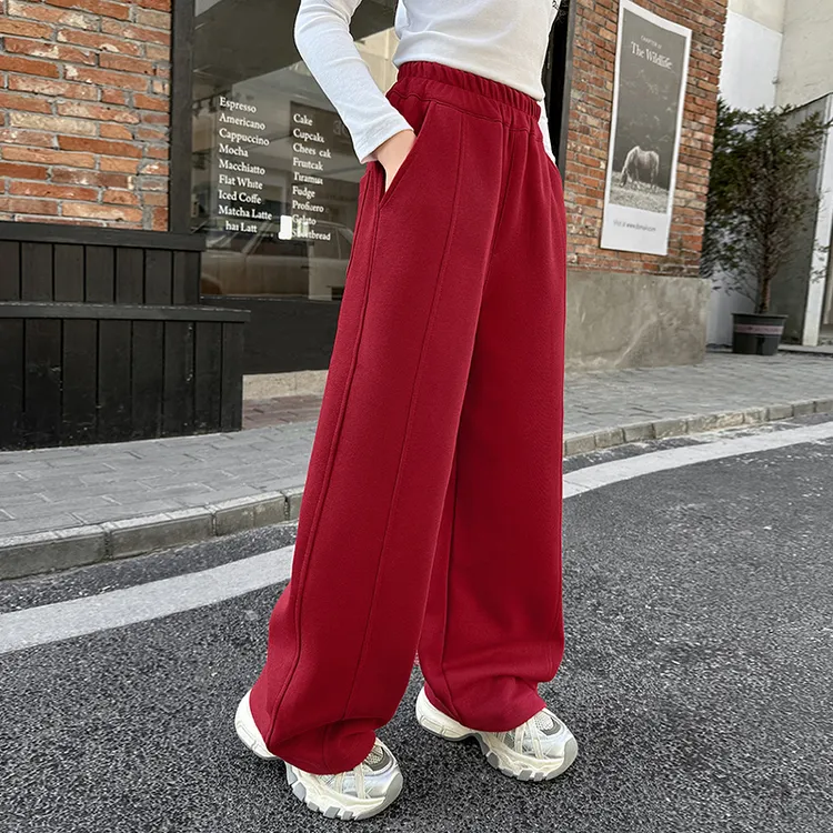 儿童秋装2025新款大女童装红色裤子春秋款运动卫裤秋季阔腿直筒裤