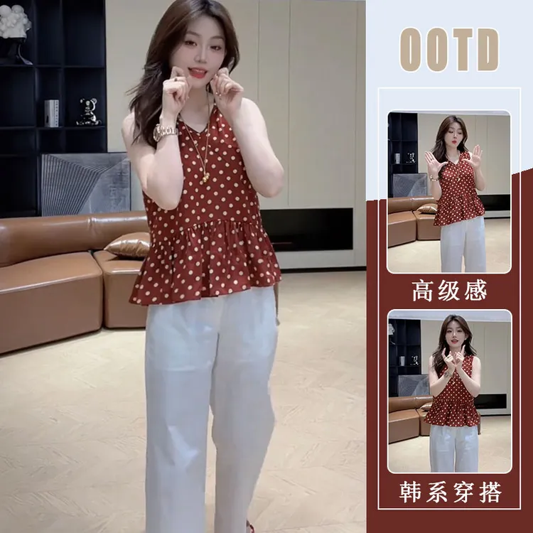 超好看红色波点吊带背心女外穿2025夏减龄无袖上衣休闲阔腿裤套装