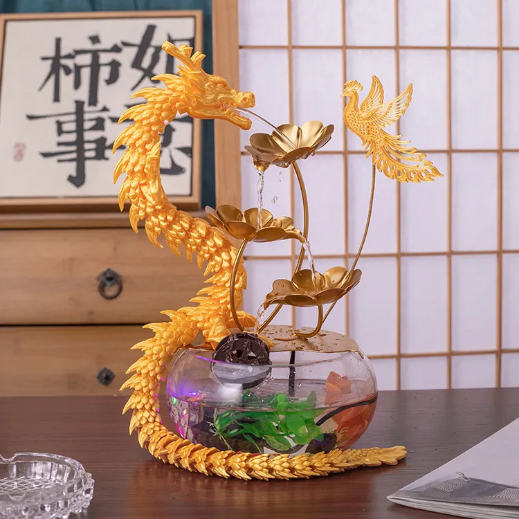 龙凤呈祥流水摆件桌面水景瀑布式流水摆件循环水高端家居喷泉鱼缸