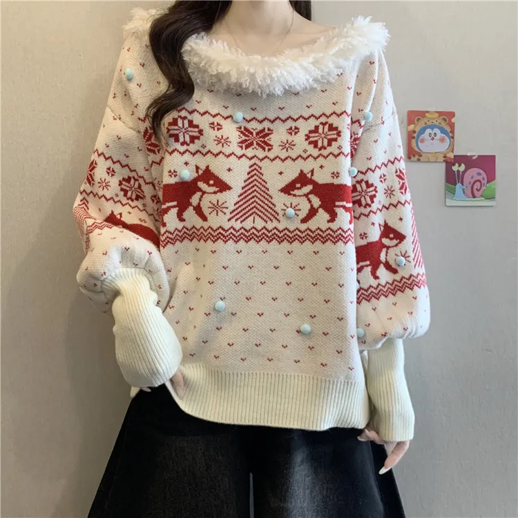 费尔岛毛领拼接针织衫秋冬大码女装胖mm慵懒风设计感减龄软糯毛衣