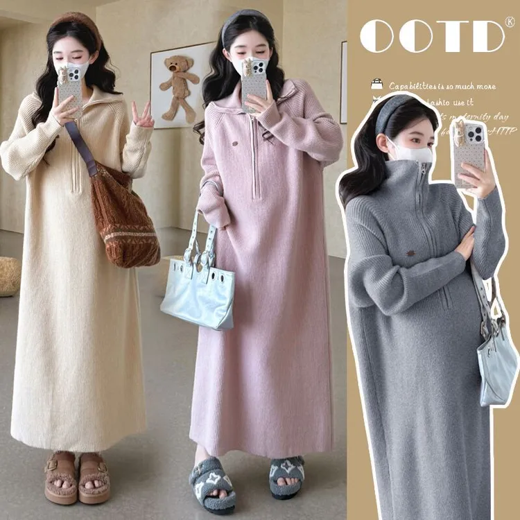 孕妇连衣裙2025秋装针织长裙韩版时尚大码潮妈宽松中长款连衣裙