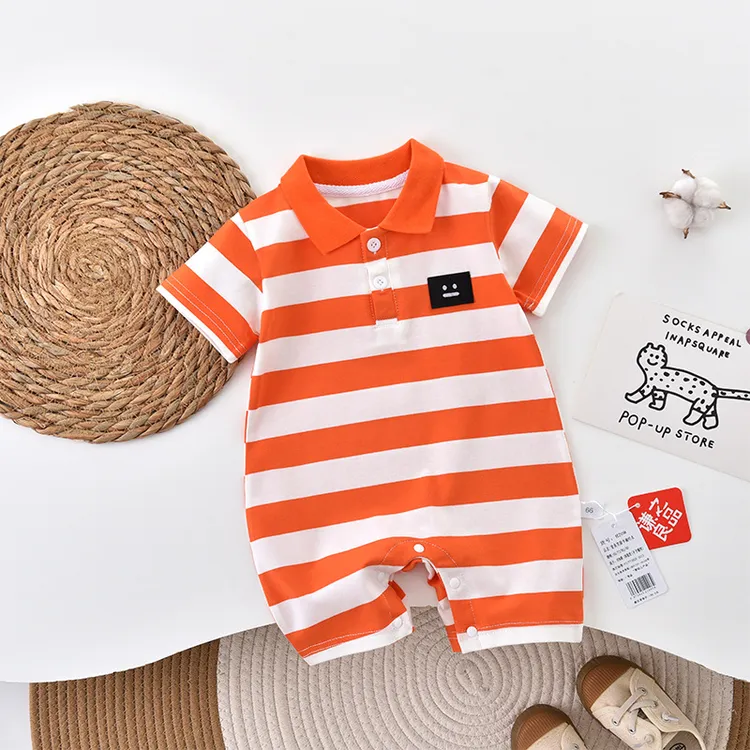 夏季衣服薄款男女宝宝纯棉短袖条纹可爱时尚夏装连体哈衣